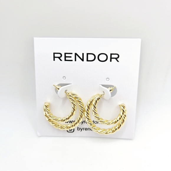Rendor Jewelry - Rendor Victoria Twist Double Hoop Post Earrings Yellow Gold New